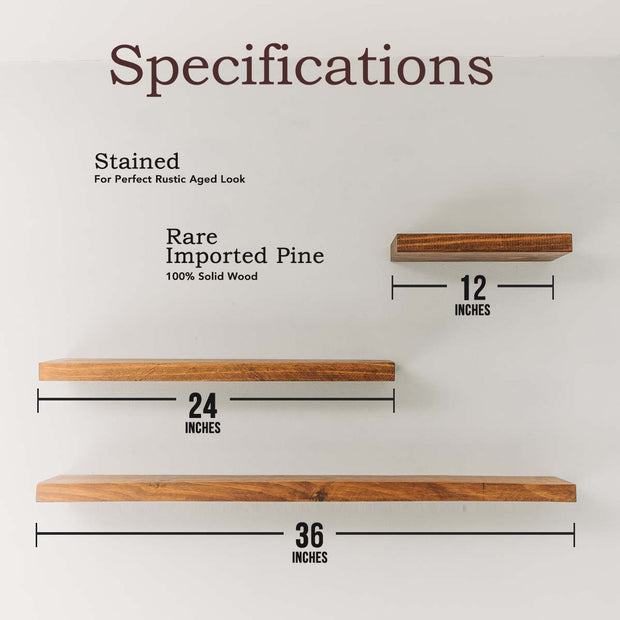 The Alice (Light Walnut) - Floating Shelves, Rustic Wood Shelves Wall Mounted - Set of 2 Wall Shelves for Bedroom, Bathroom, Family Room, Kitchen, Office – Smart Mounting Brackets - (1) 36 x 6 x 1.5 - (1) 24 x 6 x 1.5 inches - (1) 12 x 6 x 1.5 inches