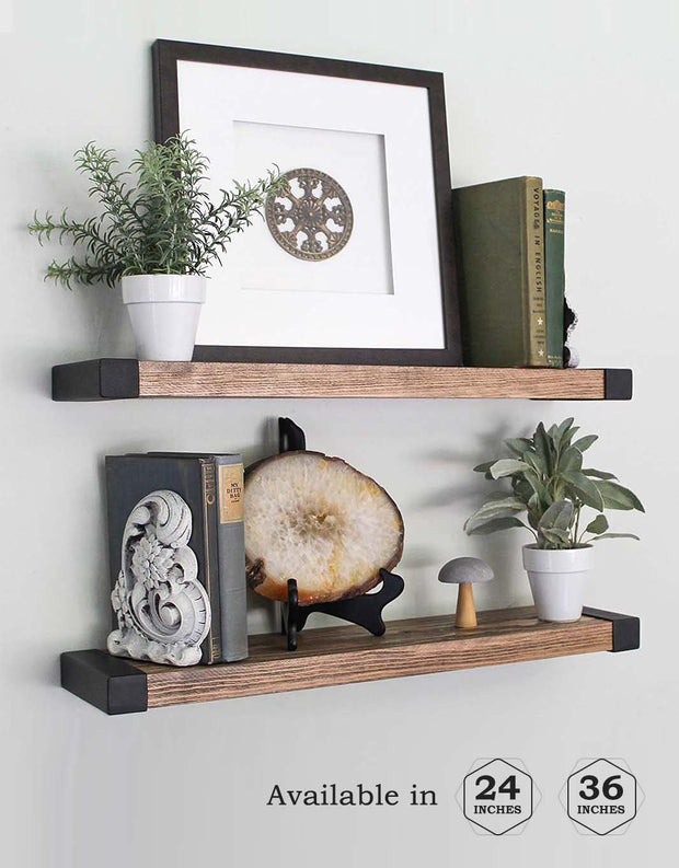 The Bella - Floating Shelves, Wall Mounted, Modern Rustic All Wood Wall Shelves, Set of 2 for Bedroom, Bathroom, Family Room, Kitchen with Decorative Iron End Cap - 24 x 6 x 1.5 in