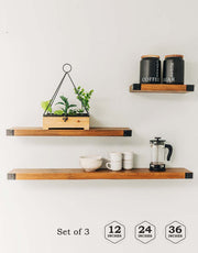 The Joey - Floating Shelves for Wall Mounted, Modern Rustic All Wood Wall Shelves, Set of 2 for Bedroom, Bathroom, Family Room, Kitchen with Decorative Iron Corners  (1) 36 x 6 x 1.5 - (1) 24 x 6 x 1.5 inches - (1) 12 x 6 x 1.5 inches
